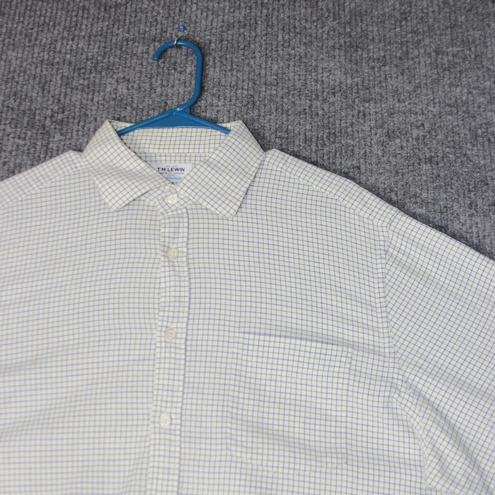TM‎ Lewin Shirt Mens 17.5 White Blue Green Check Brushed Cotton Regular Fit